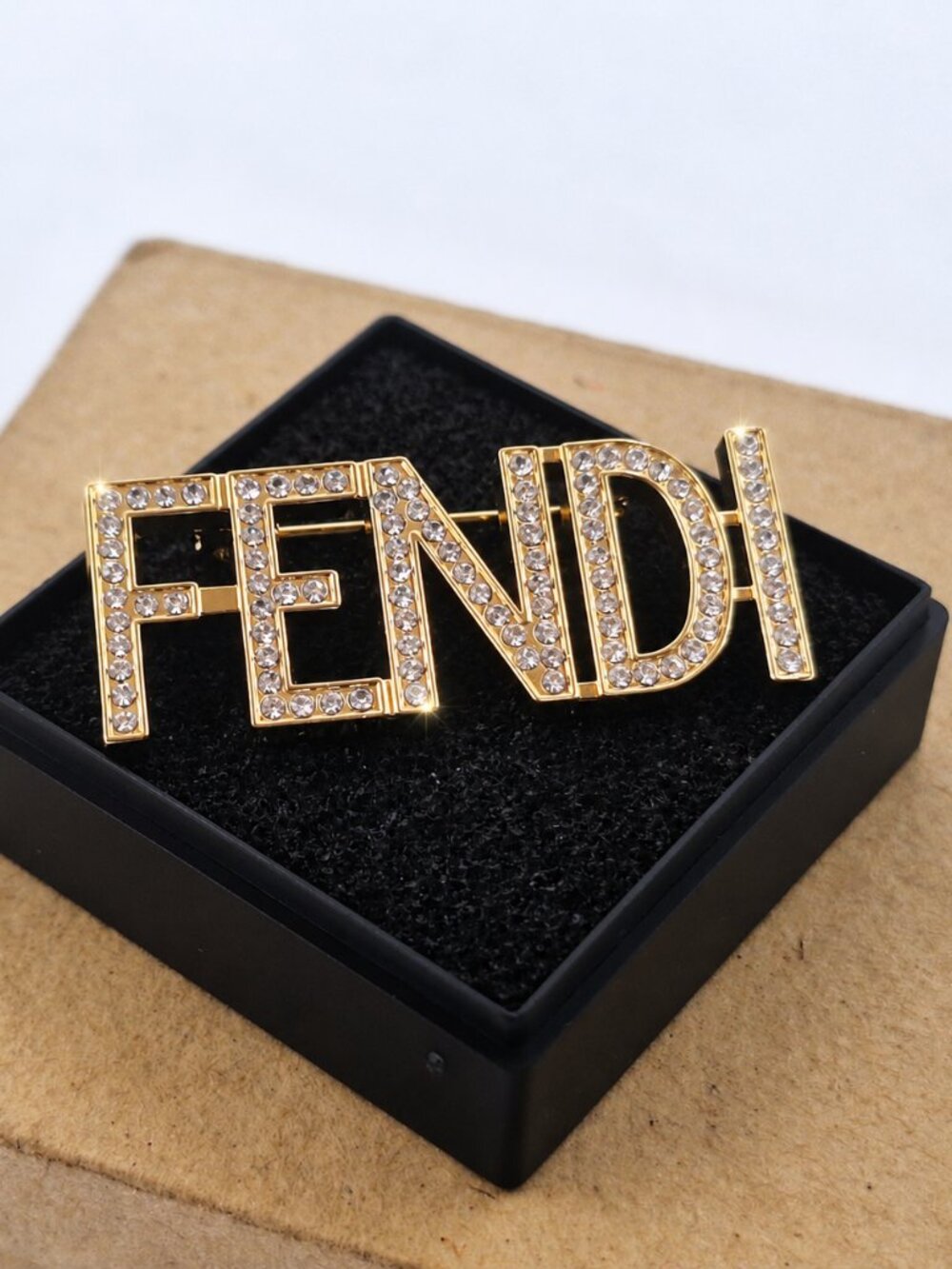 Fendi Rhinestone Logo Pin Brooch Gold Tone Statement Accessory